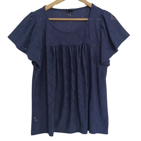 Ann Taylor Factory Size M Flutter Sleeve Eyelet Knit Top Tee Tunic Navy Blue NEW - Picture 1 of 8